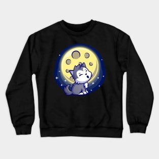 Cute Wolf Roar With Moon Cartoon Crewneck Sweatshirt